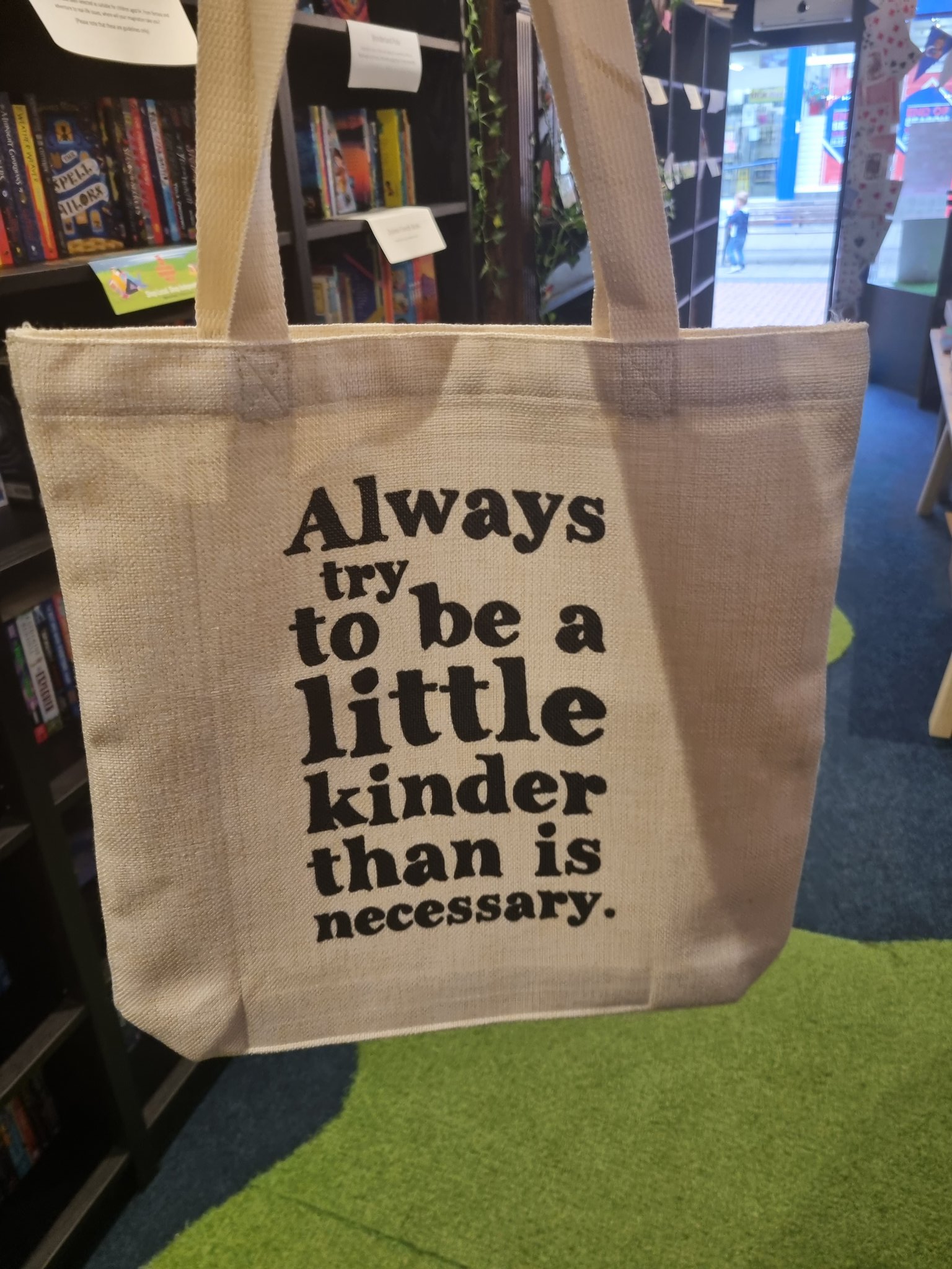 Wonderland Kindness Toe Bag (cream bag, text reads Always try to be a little kinder than is necessary)